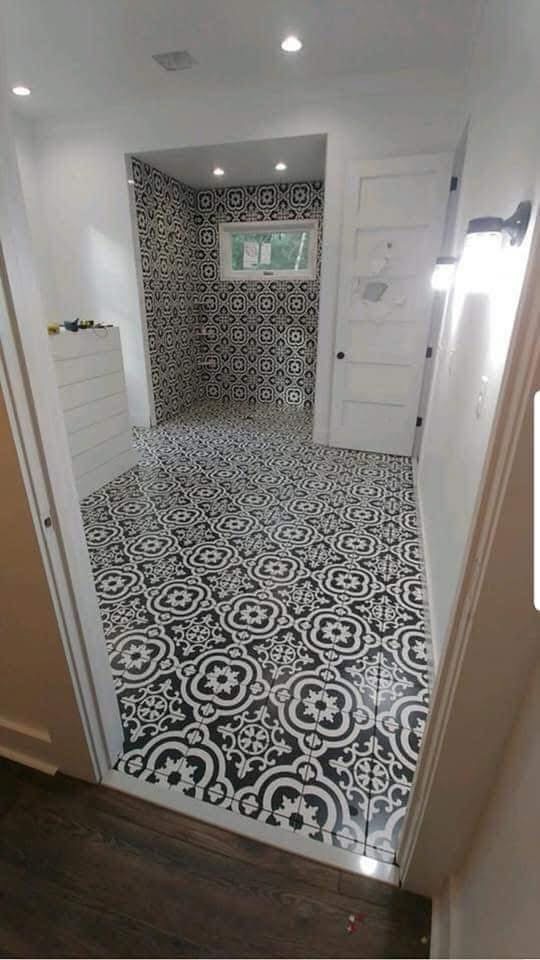 Bathroom with patterned floor tile