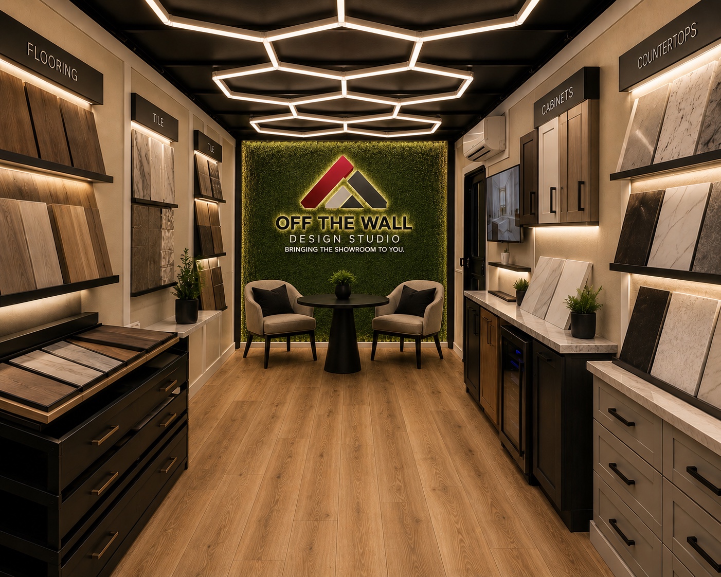 Concept of the mobile showroom with material sample displays and a consultation table