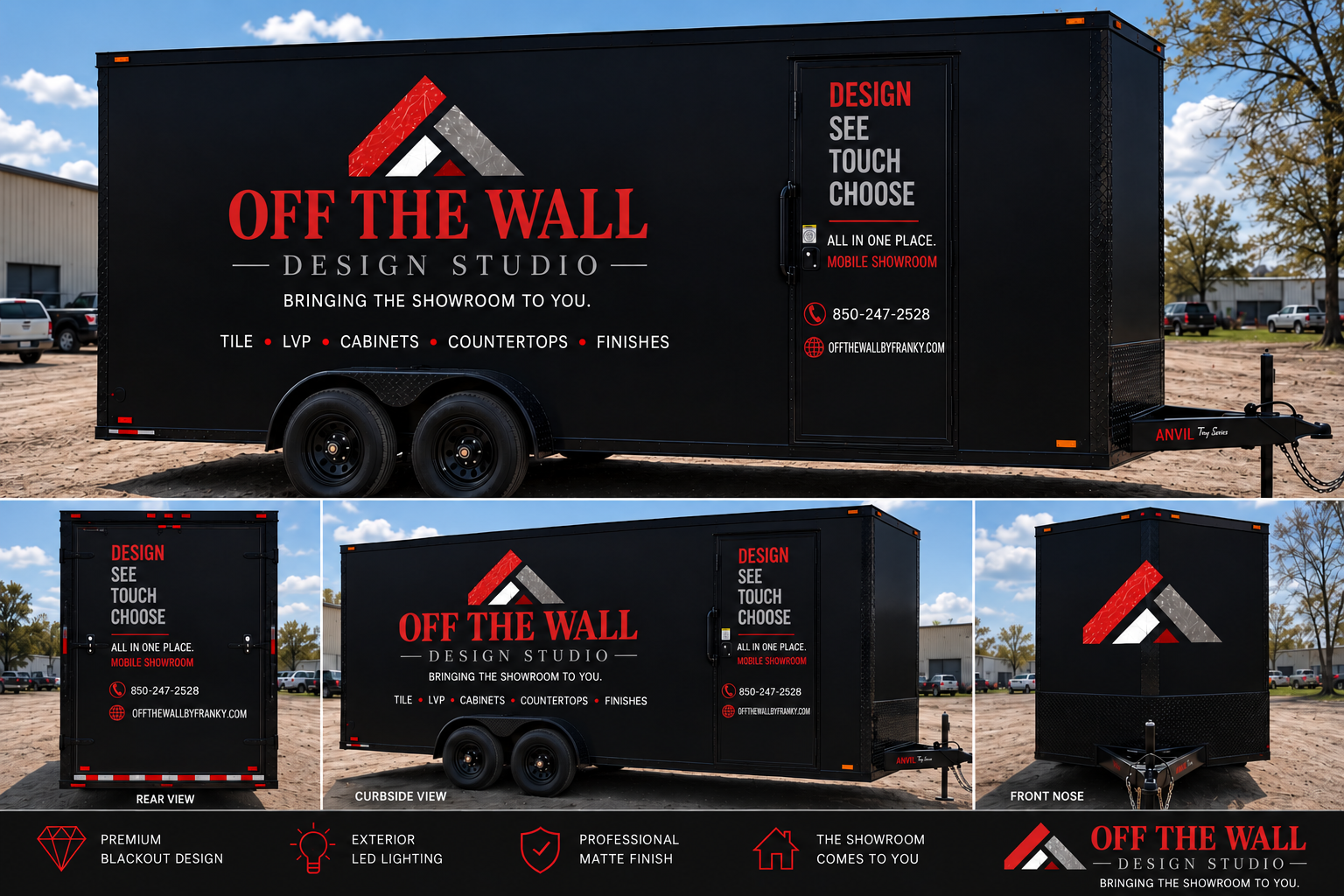 Concept design for the Off The Wall Design Studio trailer with offthewallbyfranky.com on the door